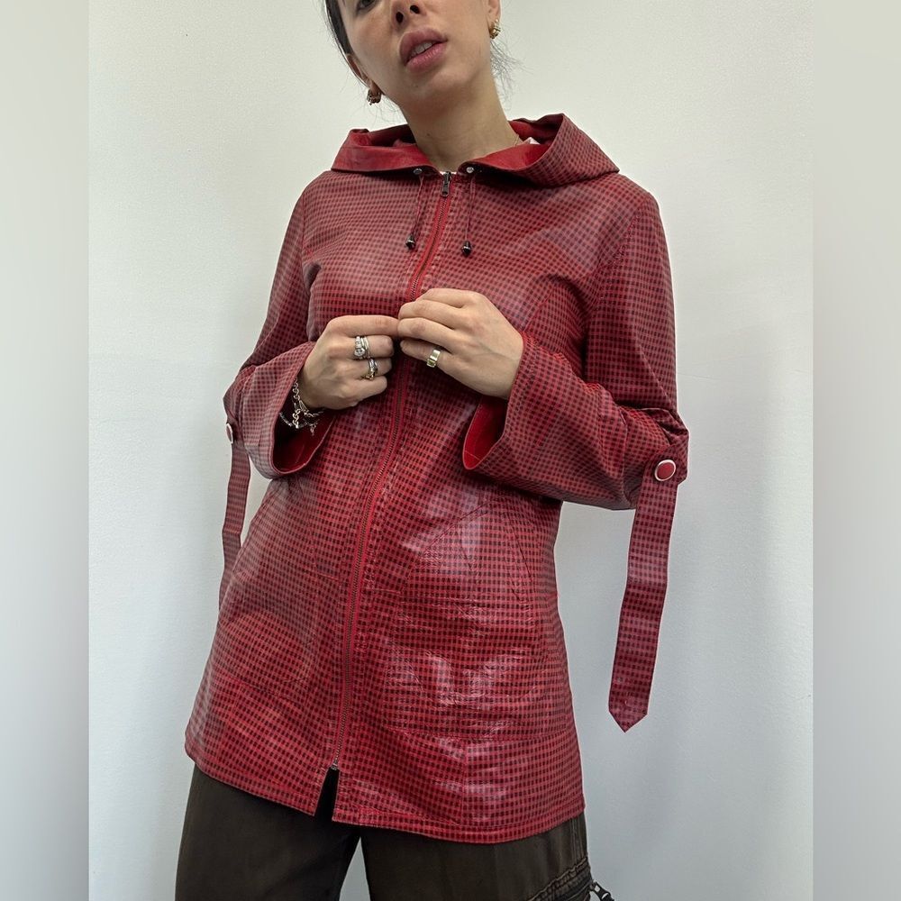 Kircilar Reversible Red Plaid Leather Coat Hooded Lightweight Size S